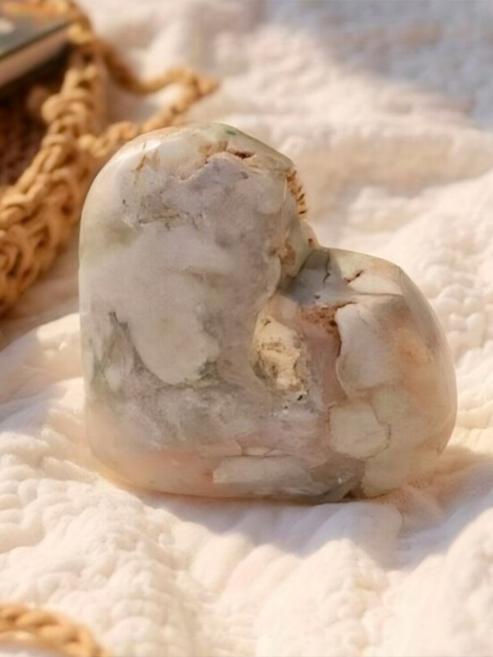 Hand Crafted Cherry Blossom Agate Heart Palm Stone Green White Crystal 45mm NWT